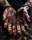 Placeholder: a woman's palms of her hands with dried and caked on blood all over them