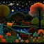 Placeholder: Colourful, peaceful, Henri Rousseau, night sky filled with galaxies and stars, animals, trees, flowers, one-line drawing, sharp focus, 8k, 3d, intricate, ornate