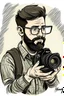 Placeholder: Simple drawing, journalist holding a camera, short hair , beard, light hair , Hammam , signature, Hima , name, writer’s style, cartoon