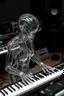 Placeholder: The whole body of Maniquí de glassy Artist mader playing piano , Audio studio gears in the background