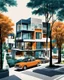 Placeholder: Architectural drawing of an urbanization of modern two-story houses, streets, trees, people and cars, complementary colors