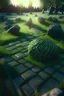 Placeholder: brilliant raytraced stone labyrinth with green grass, 4k, nvidia graphics, volumetric light, depth of field, autumn, trending art, fantasy art, knight