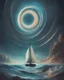 Placeholder: There is a sailboat surfing the rings of Saturn. The color of the sails is blue. A spaceship visible from far away and stars in the background. The scene is magical with dappled light. Colors are blue and turquoise