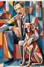 Placeholder: man and dog, cubism style, colorful, full details, high quality,