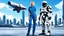 Placeholder: A full-body photograph of a young, slender woman with blond shoulder-length bob hair in a blue jumpsuit, standing in a futuristic cityscape with advanced spacecraft behind them, with a man in a huge metal exosuit with a helmet standing guard beside her.