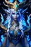 Placeholder: Bioluminescent blue avatars identify dots and patterns on their skin. Pointed elf ears, white hair, glowing blue eyes, slightly shiny blue skin.A beautiful girl with glowing golden eyes. With white decorated hair. And the whole body. And decorated dragon stones. And decorative glass trees realistic