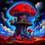 Placeholder: A fantabulous black, blue and red (((mushroom tower house))) erected atop a (geologic pillar), surrounded by the uncanny imaginative ((( swirling skies))), offset by the stark hues of a (neon-tinged nebulous space scape), within. captured by the hand a skilled master painter with a focus on (softly blurred compositions and voluminous lighting).