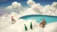 Placeholder: The image features a surreal scene with a swimming pool surrounded by clouds. One figure is sitting on the edge of the pool, while another figure is positioned nearby, engaged in some activity. There is a green bottle and a chair resting against the pool wall, adding to the whimsical atmosphere.