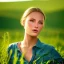 Placeholder: beautiful young Swiss girl standing in green field, mountain, sun, wearing blue shirt over, open arms, realistic eyes, unreal engine, photograph, realistic skin texture, photorealistic, hyper realism, highly detailed, 85mm portrait photography