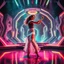 Placeholder: Futuristic sci-fi style, a pretty woman dancing energetic salsa with fluid, expressive movements, on a futuristic evolving stage with morphing 3D geometric structures, pulsating to the rhythm, dynamic vibrant neon lights, volumetric