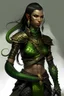 Placeholder: female snake humanoid, green scales, wearing a black leather armor, dungeons and dragons