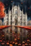 Placeholder: Milan Cathedral. Amanda Clark, Zdzisław Beksiński, Jacek Yerka and Yossi Kotler style mix, surreal whimsical autumn landscape, watercolor- fall foliage is almost over. A beautiful red maple clings to the last of its leaves and a flock of small birds nestled on its branches, watercolour and ink illustration, wet-on-wet, loose water effects, white, red and golden paint splatter, voronoi pattern, richly textured, fluffy clouds, beautiful vibrant colors, opalescent gradient. Modifiers: intricate bea