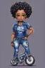 Placeholder: create an watercolor illustration of a chibi cartoon voluptuous black female wearing a blue jean outfit with a tie dye tshirt with biker boots. Prominent make up with hazel eyes. Extremely highly detail of a tight curly black bantu knots. Background of a bike show