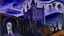 Placeholder: A dark purple mysterious castle with spirits painted by Edvard Munch