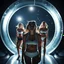 Placeholder: Female athletes and female fashion models traveling through a Stargate. Lighting from behind the observer.