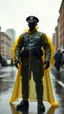 Placeholder: vintage, nypd full body color 1920 black policeman with external exoskeleton wtih heavy yellow rain transparent coat