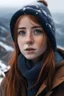 Placeholder: a girl with coppery blonde hair and deep dark bluey gray eyes and dressed in winter clothing standing on a mountain top, her eyes reflecting the raindrops falling around her