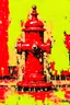 Placeholder: red firetruck, fire hydrant spraying water, abstract expressionist