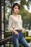 Placeholder: full body in full height, lady, beautiful face, stunningly beautiful, beauty in perfection, domineering, dark brown short hair, narrow cheeks, ultra slim, ultra fragile. physique, slim body, very flat chest, flawless skin, charming, very narrow face, very pale, light eyes. clothes in jeans and sweaters, in the background there is a park, high resolution 8K, clear and beautiful detail, Ultra HD full-length, full-length.