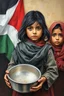 Placeholder: an expressive painting of a 3 years old girl poor with black hair and Ruth clothes standing in line with out her children’s asking for food holding a pan in her hand painting, with Palestinian flag in the background, we might see a companion with features of absolute strength and determination, blended with warmth and deep faith. Perhaps his face expresses wisdom and courage, with eyes radiating confidence and faith.