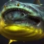 Placeholder: A beautiful portrait of a cyborg shark yellow color scheme, high key lighting, volumetric light high details psychedelic background