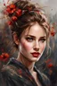 Placeholder: Smiling young and Beautiful, Masterpiece, 32k, topaz eyes with dilated pupils, ponytail brown hair, red full lips, intricate details, sharp focus, clarity, flowers, Black knitted dress, Carne Griffiths Style, realistic style image,