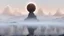 Placeholder: atop the tip top of a lonely mountain's peak, a big rocky clay planet is broken in half. The top of the mountain disappears into the sphere. foreground shrouded in mist. cinematic lighting, artstation, grim mood, looking up camera angle