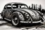 Placeholder: create an abstract, woodcut of battered and beaten Volkwagen beetle rat rod with highly detailed and deeply cut features, lost in a horrific post apocalyptic world, in the style of KATHE KOLLWITZ , searing lines and forceful strokes