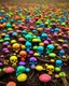 Placeholder: a field of skulls growing from the ground like fungus, multi colored, bright, vivid, psychedelic high detailed, matte, bunches and bubbled up mini skulls and sinew, horrorcore, vines