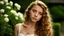 Placeholder: sharp focus and high resolution photo of a beautiful caucasian 16 year old teen girl with long wavy amber hair. She has full lips, a cute turned up nose and large expressive brown eyes with high arched eyebrows. She is in a garden. She is wearing a white bustier. She is gazing at the viewer