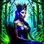 Placeholder: Morena Baccarin as a beautiful sexy dark elf queen seated elegantly on a throne in a mystical forest, dark celtic vignette frame, photo-realistic, cinematic lighting, award-winning photography