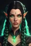 Placeholder: Young beautiful female Hexblood warlock character. Lightly tanned skin. Long straight jet-black hair to the waist. Half-up hairstyle with two loose Dutch braids on each side. Bright glowing pale emerald-green eyes. Delicate face. High cheekbones. Full lips. Soft smile. Slightly pointed ears. Faint dark vine-like markings on neck and collarbone. Realistic dark fantasy. Highly detailed. Cinematic lighting.