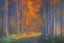 Placeholder: baroque style sunset in the forest, painting with kaleidoscopic touches, in the style of Claude Monet