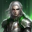 Placeholder: Please create an image for a young elven male with light brown skin, silver hair, and green eyes. He is wearing leather armor