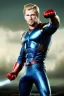 Placeholder: retro portrait image from 1960, sky background, wind, extra long blonde hair, fighting stance, young Chris Hemsworth, clean shave face, black dress, classic long tight lycra black suit, 2 steel disc in busty, big red cap, silver arms, gold bracelet and belt, high boots, soft color, highly detailed, classic comic Thor style, unreal engine 5, ray tracing, RTX, lumen lighting, ultra detail, volumetric lighting, 3d, finely drawn, high definition, high resolution.