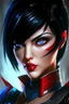 Placeholder: Fiora in kombat, blue eyes, short black hair, black and red details, league of legends