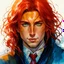 Placeholder: dnd, fantasy, watercolour, stylistic, portrait, illustration, dull colours, male, face, narrow face, green eyes, determined, happy, red hair, very long hair streaming down the shoulders, radiating light, five o'clock shadow