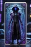 Placeholder: sacred geometry framed playing card, black, blue and purple noen cyber punk dancer thief in soaked rain coat shadows boss card in the style of Giger and fallout 4 ,,bokeh like f/0.8, tilt-shift lens 8k, high detail, smooth render, down-light, unreal engine