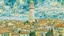 Placeholder: A white town with a cloudy tower designed in ancient Greek mosaics painted by Vincent van Gogh