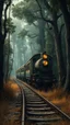 Placeholder: Bosch painting style nightmare,an old train in the jungle surrounded with giant trees and dry grass around the train tracks