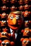 Placeholder: Waist up EVIL muppet Portrait of Accurately representing Angry evil Orange Donald J Trump as muppet doll made of felt, Evil president, photo studio, black background, unreal engine 5, concept art, art station, ray tracing, lumen lighting, ultra detail, volumetric lighting, 3d. He looks 80 years old.