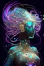 Placeholder: Goddess of music with holographic images, stars, planets, crescent moon, musical notes, musical notation, particles, all floating around her head and body): iridescent turquoise metal, pink and gold optic fibre hair, robot, electric, neon, nebula, light shards, iridescent galaxy metal, glowing tendrils and threads for hair, electric wires, hair swirling and billowing, lighting effects, neon blue synth wave patterns, pearlescent, digital background, shiny