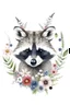 Placeholder: Typography portrait of a raccoon with flowers around her on a white background.