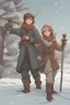 Placeholder: DnD style, two medieval peasant kids playing in the snow male and female, age 14 and 15, happy and playful, he has a short sword.