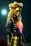 Placeholder: portrait, Shakira, blonde, angry, Realistic image, superhero, watchmen style, gold make-up, blood, sweat, fog, goddess style, Neon colors, leds. Black background, photo studio, concept art, smooth, unreal engine 5, god lights, ray tracing, RTX, lumen lighting, ultra detail, volumetric lighting, 3d, finely drawn, high definition, 4k.