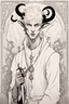 Placeholder: young satyr male albino alchemist with goat horns in the style of Aubrey Beardsley