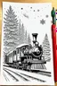 Placeholder: coloring page of a Christmas drawing, A4, white background, black and white, magical style, dreamy, detailed drawing, christmas train