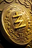 Placeholder: Up close image of A big golden coin with the crypto symbol tz written on it