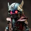 Placeholder: Show it in pirate style. A small transformer robot pirate. Glowing eyes in different colors. Leather clothing