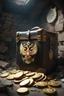 Placeholder: in a LARGE BASEMENT, half-buried in the earth, an ancient, worn-out, worn-out, torn-side valise peeks out, from which gold coins from the time of Catherine the Great fall out. The ancient coat of arms of Russia, the double-headed eagle, is BARELY VISIBLE on the bag. There are a lot of broken bricks and earth around the bag. All in high quality 8K